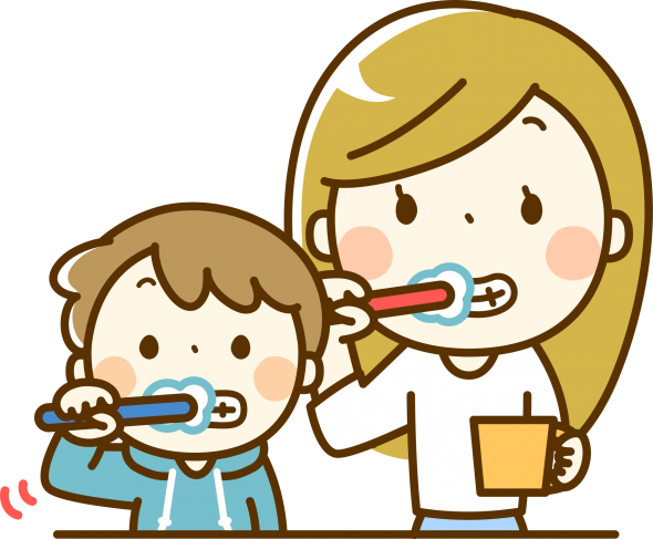 親子で歯磨きをするイラスト